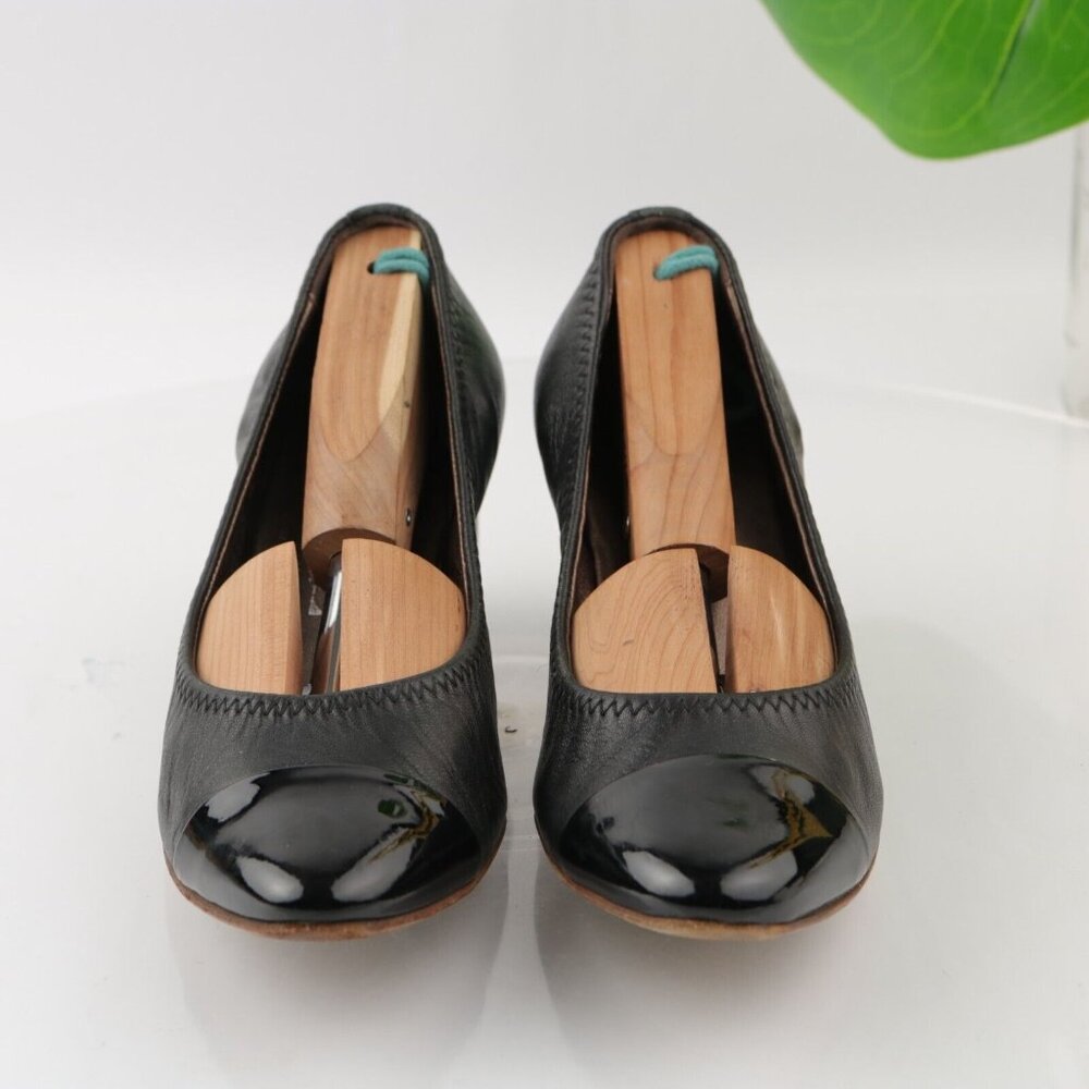 AGL Womens Pump Size 37 7 Black Leather Cap Toe Block Heel Elastic Trim Italy - Picture 3 of 12